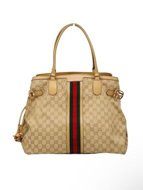 Authentic Gucci GG Monogram Canvas Web Stripe Large Tote Bag Beige
